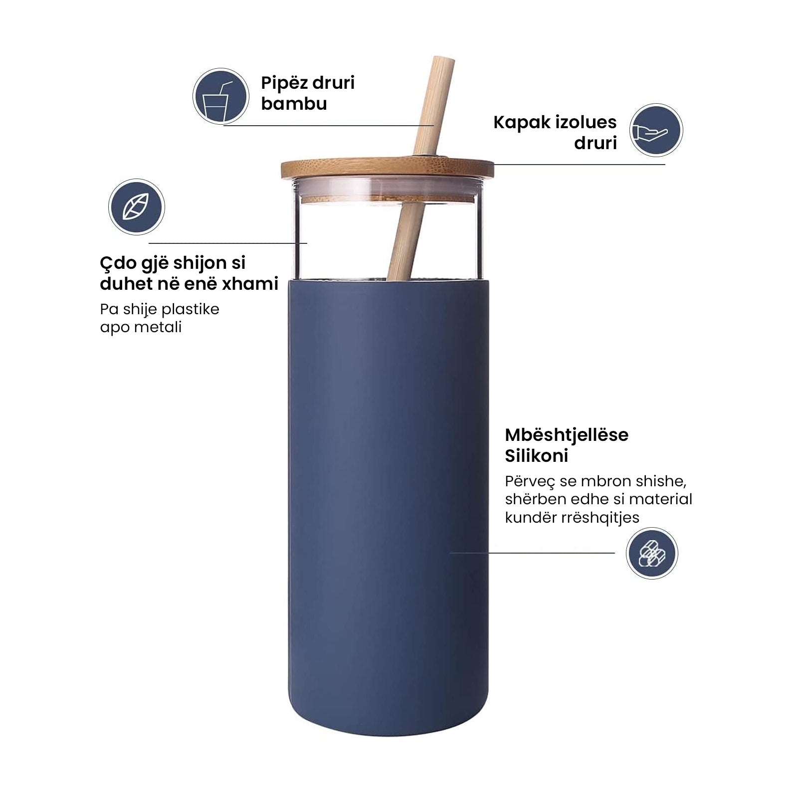 Shishe qelqi me kapak bambuje dhe pipë druri