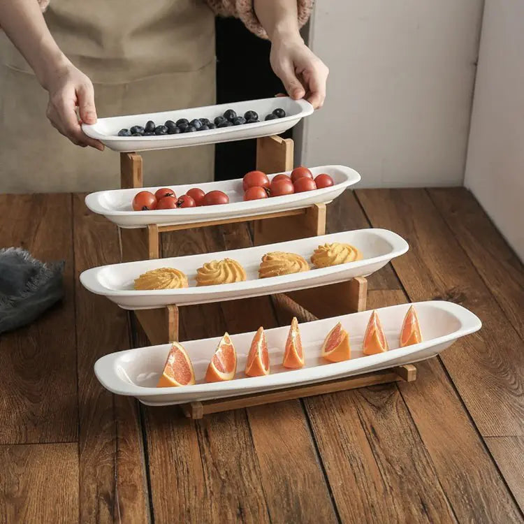 Set Servirje me 2 & 4 Pjata – Porcelan dhe Dru Bambuje