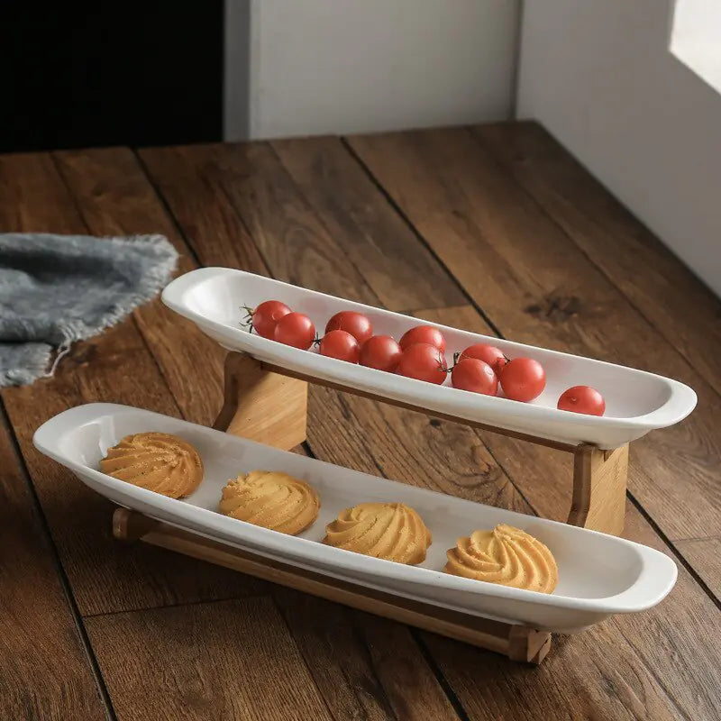 Set Servirje me 2 & 4 Pjata – Porcelan dhe Dru Bambuje