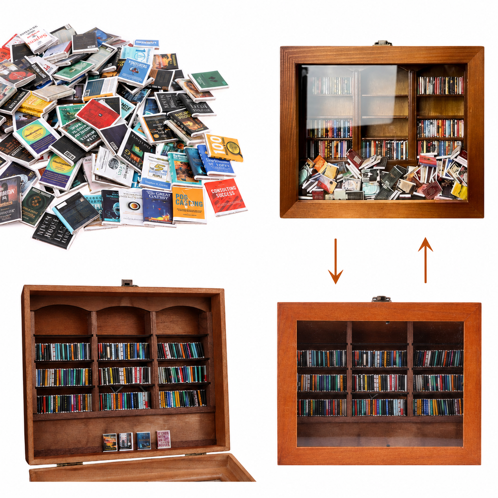 Minibibliotek dekoruese me libra