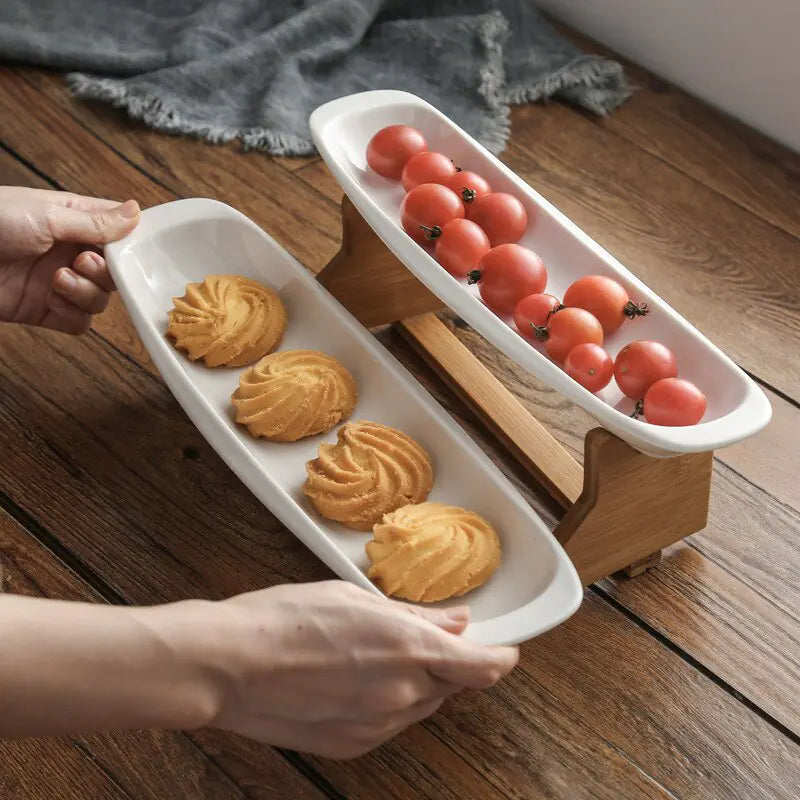 Set Servirje me 2 & 4 Pjata – Porcelan dhe Dru Bambuje
